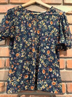Floral Puff-Sleeve Women's Top - Navy sheer